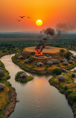 An aerial view depicting a picturesque scene of a river flowing through a lush landscape