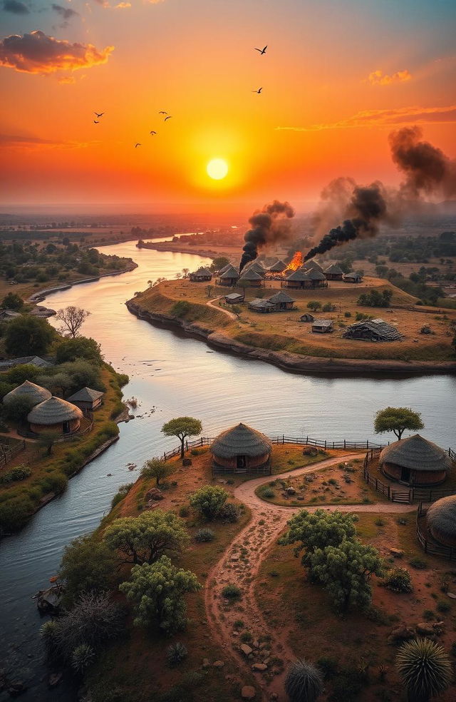 An aerial view depicting a picturesque scene of a river flowing through a lush landscape