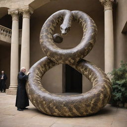 In the courtyard's heart, the staff of Prophet Moses spectacularly transforms into a gargantuan snake, radiating divine power, which devours the smaller snakes produced by the magicians' illusions.