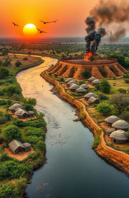 An aerial view depicting a picturesque scene of a river flowing through a lush landscape