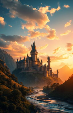 A majestic fantasy kingdom set against a dramatic sky, featuring towering castles with intricate architecture, surrounded by lush green valleys and mountains
