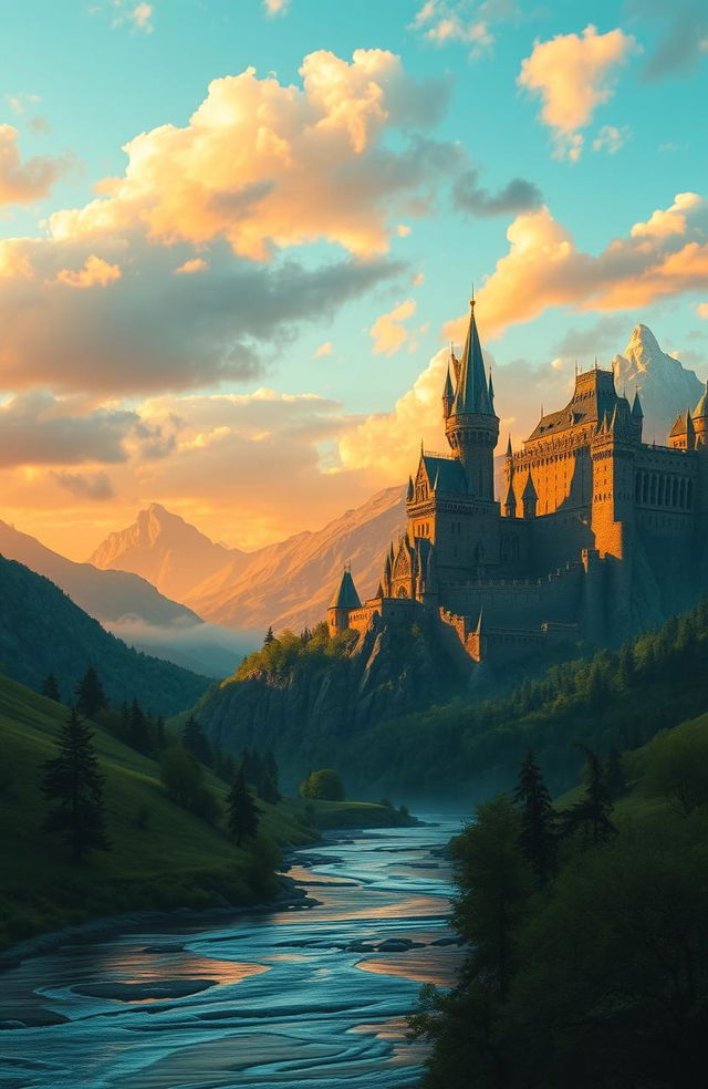 A majestic fantasy kingdom set against a dramatic sky, featuring towering castles with intricate architecture, surrounded by lush green valleys and mountains