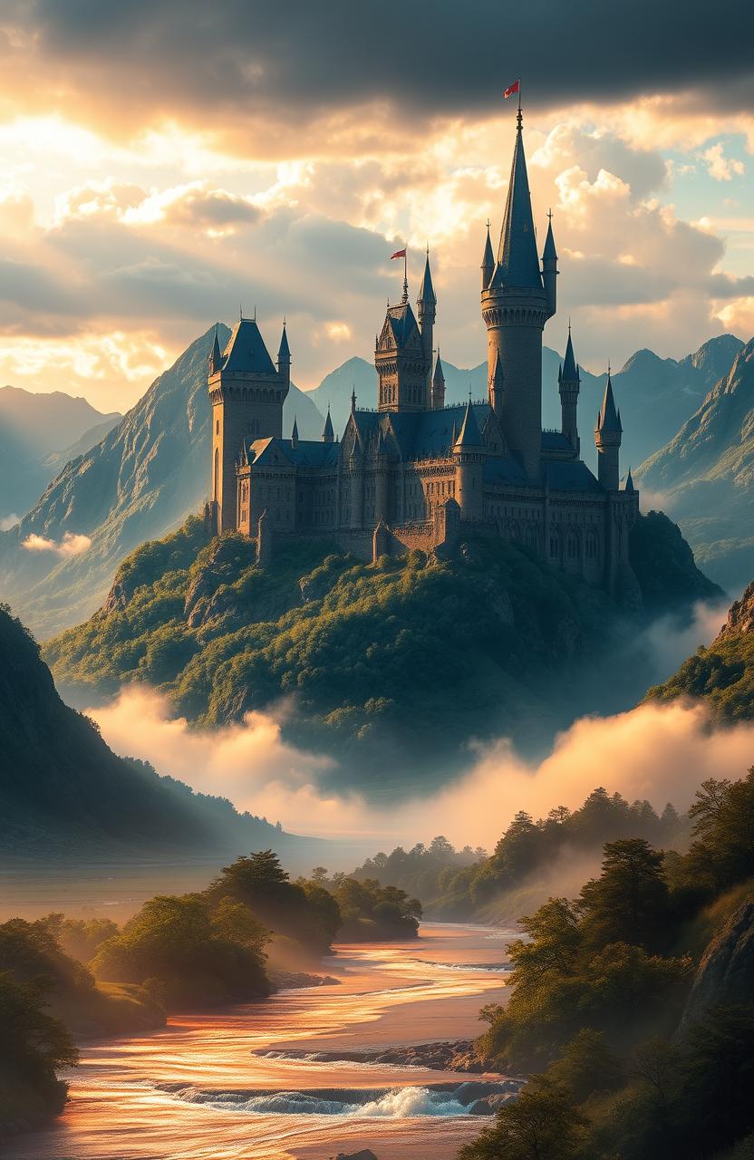 A majestic fantasy kingdom set against a dramatic sky, featuring towering castles with intricate architecture, surrounded by lush green valleys and mountains