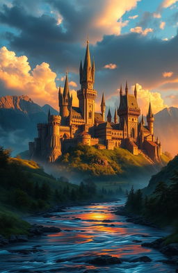 A majestic fantasy kingdom set against a dramatic sky, featuring towering castles with intricate architecture, surrounded by lush green valleys and mountains
