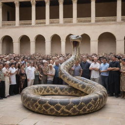 After a show of divine power in the grand courtyard, the large snake, originally Prophet Moses' staff, undergoes a swift transformation, reverting back into a staff, leaving the onlookers in awe.