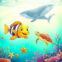 An enchanting underwater scene for a children's book cover, featuring a vibrant ocean background in lively shades of turquoise and green