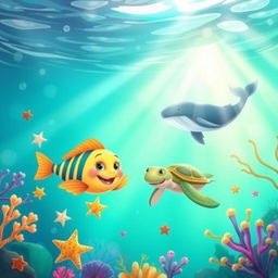 An enchanting underwater scene for a children's book cover, featuring a vibrant ocean background in lively shades of turquoise and green