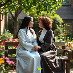 A touching scene of two lesbian nuns sharing a quiet moment together in a beautiful, tranquil garden at a historic convent