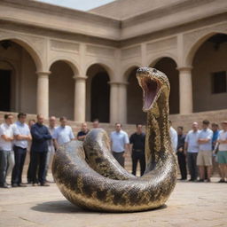 After a show of divine power in the grand courtyard, the large snake, originally Prophet Moses' staff, undergoes a swift transformation, reverting back into a staff, leaving the onlookers in awe.