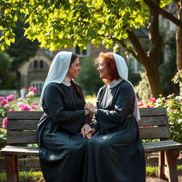 A touching scene of two lesbian nuns sharing a quiet moment together in a beautiful, tranquil garden at a historic convent