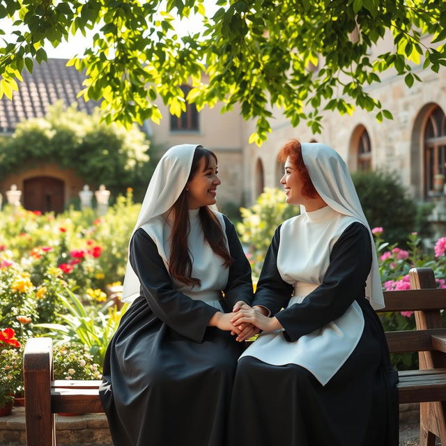 A touching scene of two lesbian nuns sharing a quiet moment together in a beautiful, tranquil garden at a historic convent