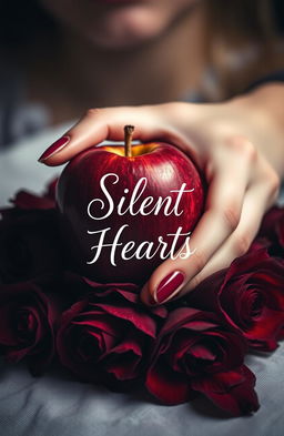 A dark romance styled image featuring a girl's hand elegantly holding an eaten apple, its vibrant red flesh contrasting with the hollow core
