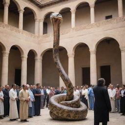 After a show of divine power in the grand courtyard, the large snake, originally Prophet Moses' staff, undergoes a swift transformation, reverting back into a staff, leaving the onlookers in awe.