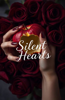 A dark romance styled image featuring a girl's hand elegantly holding an eaten apple, its vibrant red flesh contrasting with the hollow core