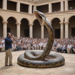 After a show of divine power in the grand courtyard, the large snake, originally Prophet Moses' staff, undergoes a swift transformation, reverting back into a staff, leaving the onlookers in awe.