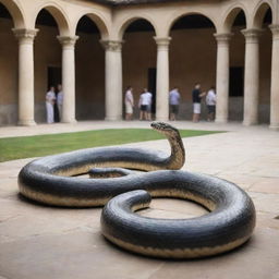 The large snake, having demonstrated its divine power in the grand courtyard, undergoes a swift transformation, returning to its original form - a solid, unassuming staff, startling the crowd with the sudden change.