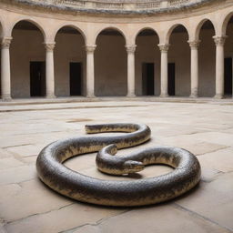 The large snake, having demonstrated its divine power in the grand courtyard, undergoes a swift transformation, returning to its original form - a solid, unassuming staff, startling the crowd with the sudden change.