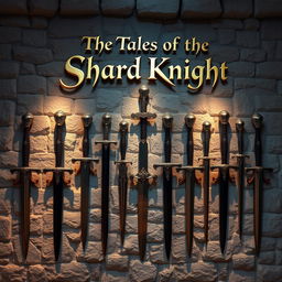A majestic castle wall adorned with an impressive display of swords, each featuring intricate and beautifully designed pommels that capture the eye