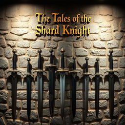 A majestic castle wall adorned with an impressive display of swords, each featuring intricate and beautifully designed pommels that capture the eye
