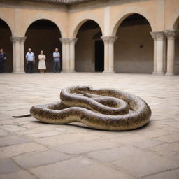 The large snake, having demonstrated its divine power in the grand courtyard, undergoes a swift transformation, returning to its original form - a solid, unassuming staff, startling the crowd with the sudden change.