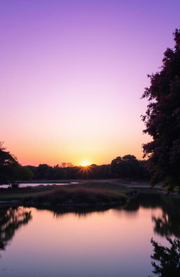 A picturesque sunset over a serene small lake, where the sun is slowly sinking beyond the horizon