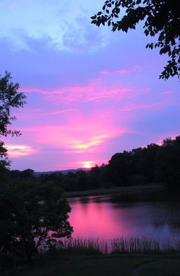 A picturesque sunset over a serene small lake, where the sun is slowly sinking beyond the horizon