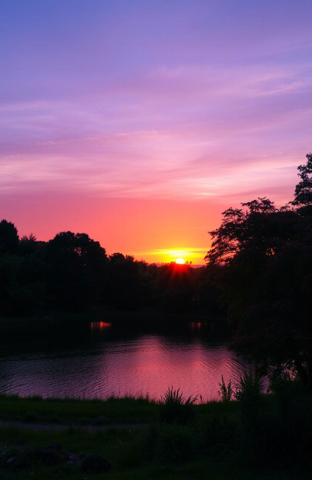 A picturesque sunset over a serene small lake, where the sun is slowly sinking beyond the horizon