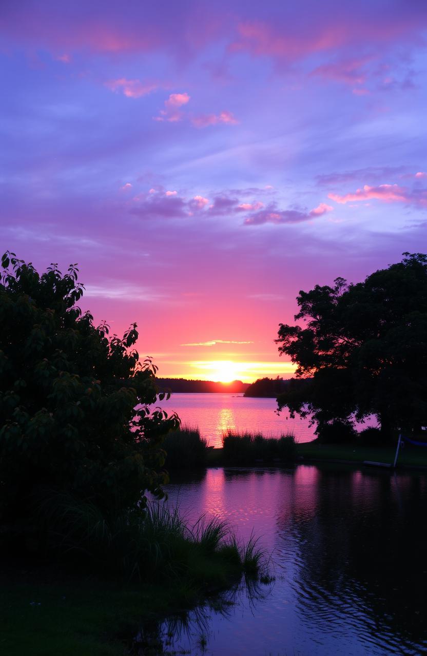 A picturesque sunset over a serene small lake, where the sun is slowly sinking beyond the horizon