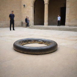 The large snake, having demonstrated its divine power in the grand courtyard, undergoes a swift transformation, returning to its original form - a solid, unassuming staff, startling the crowd with the sudden change.