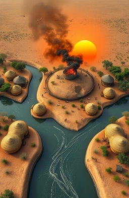 An aerial view of a 3D A5-sized landscape featuring a river flowing through the scene