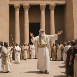 Standing in the Pharaoh's grand courtyard, Prophet Moses calmly reaches for his staff, the crowd waiting in anticipation, as an undercurrent of divine strength radiates off him.