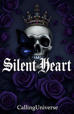 A dark romance themed illustration featuring dark purple roses scattered all around, creating an enchanting yet eerie atmosphere