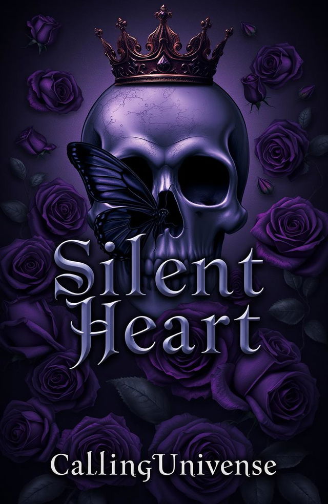 A dark romance themed illustration featuring dark purple roses scattered all around, creating an enchanting yet eerie atmosphere