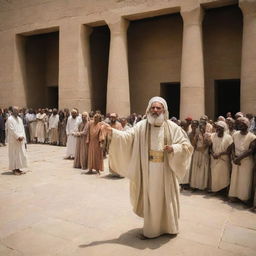 Standing in the Pharaoh's grand courtyard, Prophet Moses calmly reaches for his staff, the crowd waiting in anticipation, as an undercurrent of divine strength radiates off him.