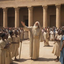 Standing in the Pharaoh's grand courtyard, Prophet Moses calmly reaches for his staff, the crowd waiting in anticipation, as an undercurrent of divine strength radiates off him.