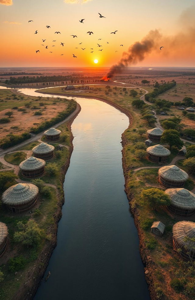 An aerial view of a scenic landscape featuring a river flowing through the canvas