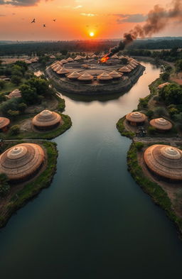 An aerial view of a scenic landscape featuring a river flowing through the canvas
