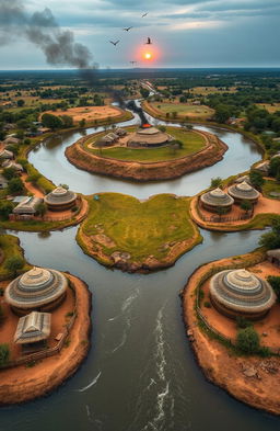 An aerial view of a scenic landscape featuring a river flowing through the canvas
