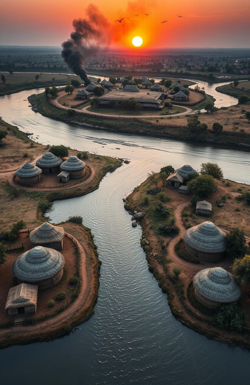 An aerial view of a scenic landscape featuring a river flowing through the canvas