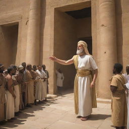 Standing in the Pharaoh's grand courtyard, Prophet Moses calmly reaches for his staff, the crowd waiting in anticipation, as an undercurrent of divine strength radiates off him.