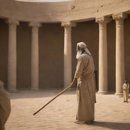 With a calmness that bellies the anticipation in the arena, Prophet Moses reaches for his wooden staff, a beacon of divine power amidst the high-stakes confrontation on the Pharaoh's courtyard.