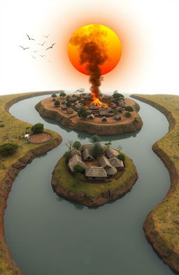 An aerial view of a 3D A5 size landscape featuring a winding river flowing through the scene