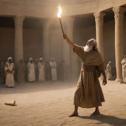 With a calmness that bellies the anticipation in the arena, Prophet Moses reaches for his wooden staff, a beacon of divine power amidst the high-stakes confrontation on the Pharaoh's courtyard.