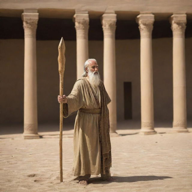 With a calmness that bellies the anticipation in the arena, Prophet Moses reaches for his wooden staff, a beacon of divine power amidst the high-stakes confrontation on the Pharaoh's courtyard.