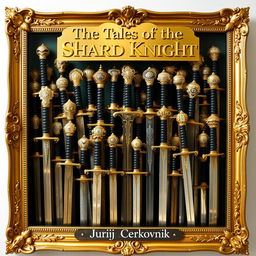 A stunning gilded frame overflowing with a collection of swords, each boasting intricate and artistically crafted pommels that stand out beautifully against the luxurious backdrop