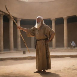 With a calmness that bellies the anticipation in the arena, Prophet Moses reaches for his wooden staff, a beacon of divine power amidst the high-stakes confrontation on the Pharaoh's courtyard.