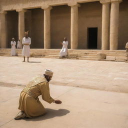 Moved by the display of divine power, all of the Pharaoh's magicians drop to their knees in recognition and submission, embracing Islam in unison before Prophet Moses in the heart of the courtyard.