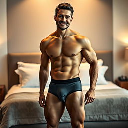 A fit, athletic man wearing stylish boxer briefs, standing confidently in a modern bedroom