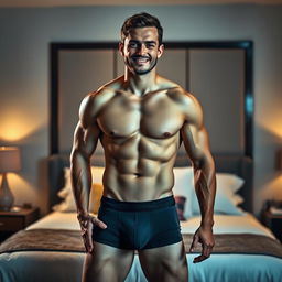A fit, athletic man wearing stylish boxer briefs, standing confidently in a modern bedroom
