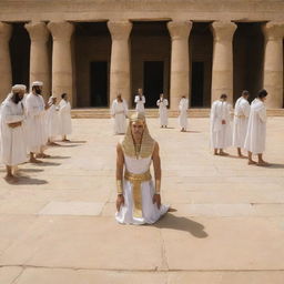 Moved by the display of divine power, all of the Pharaoh's magicians drop to their knees in recognition and submission, embracing Islam in unison before Prophet Moses in the heart of the courtyard.